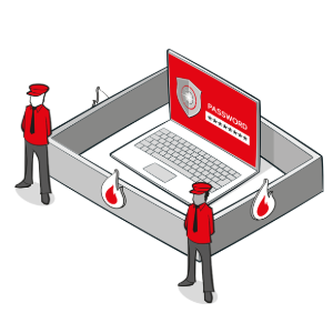 USO Password protection image showing men protecting laptop with firewall and password