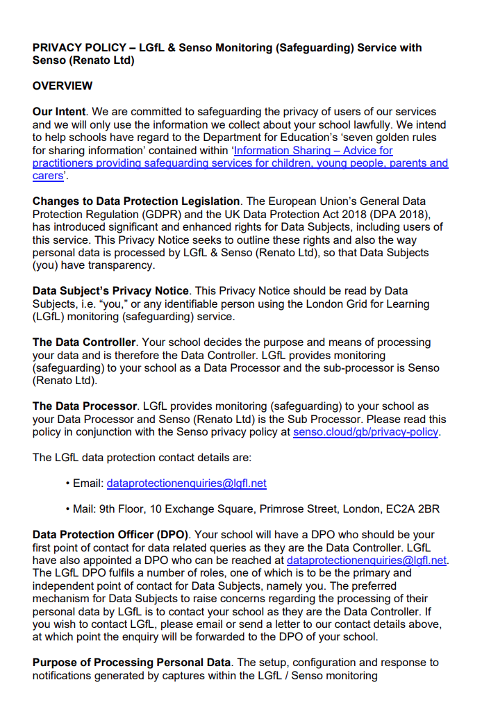 LGfL Monitoring Service Privacy Policy